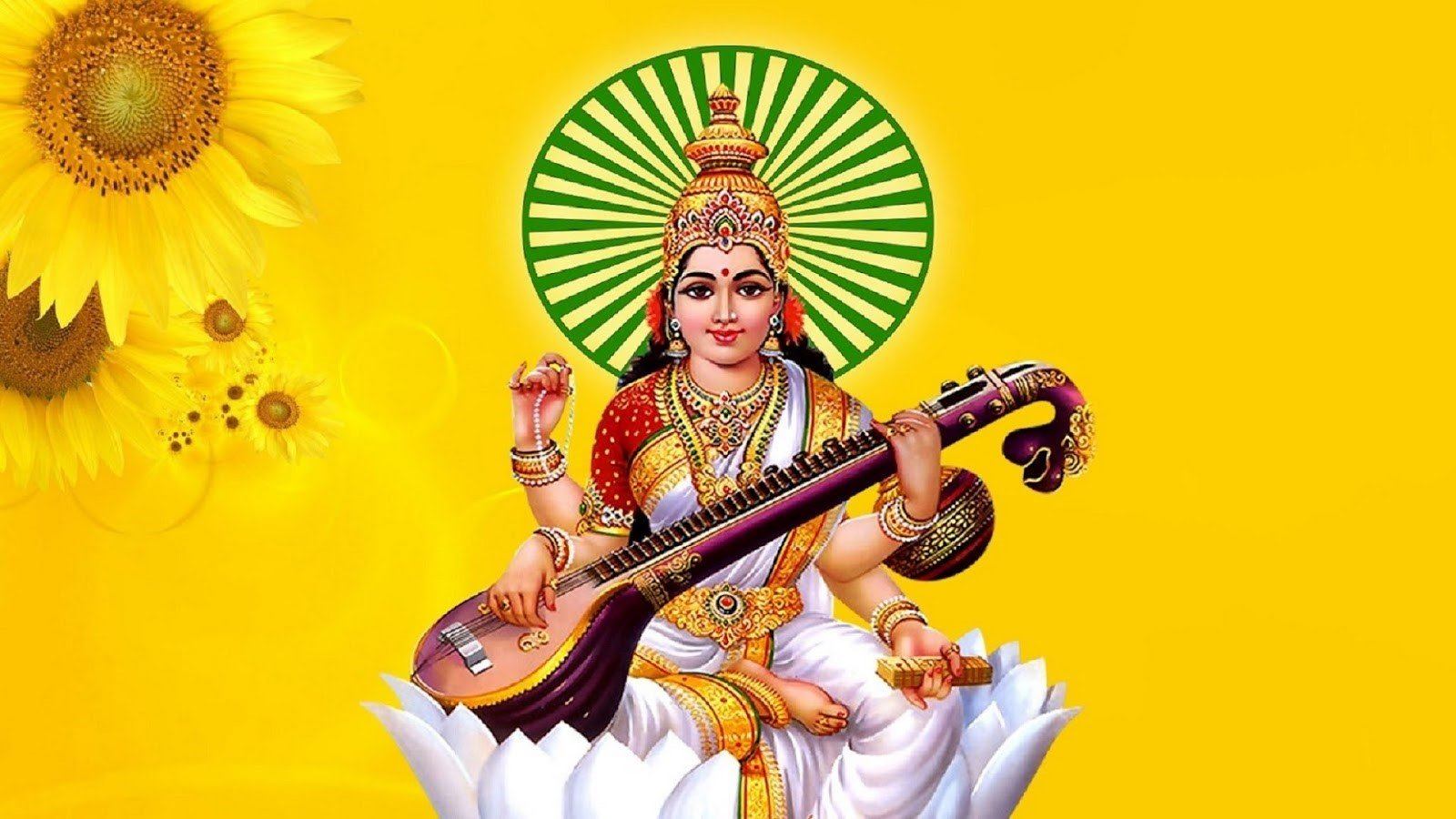 Saraswati idol with traditional offerings