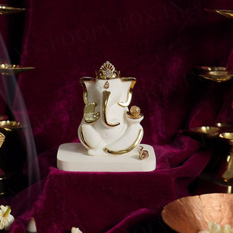 Crown Lord Ganesha Gold Plated Marble Idol for Home / Car