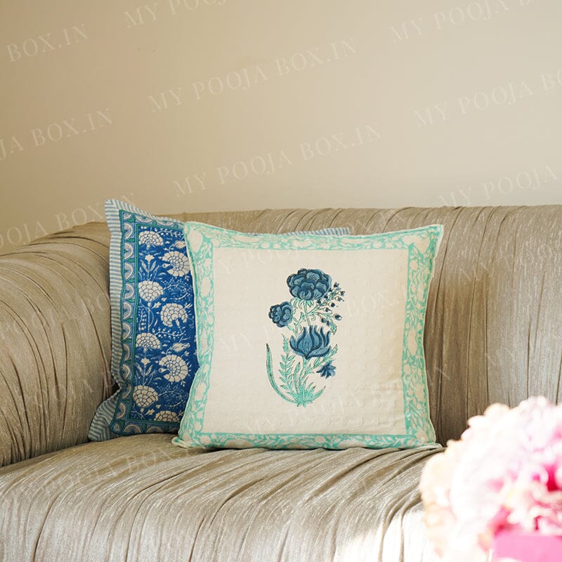 Blue Zunaira Floral Printed Cotton Cushion Cover