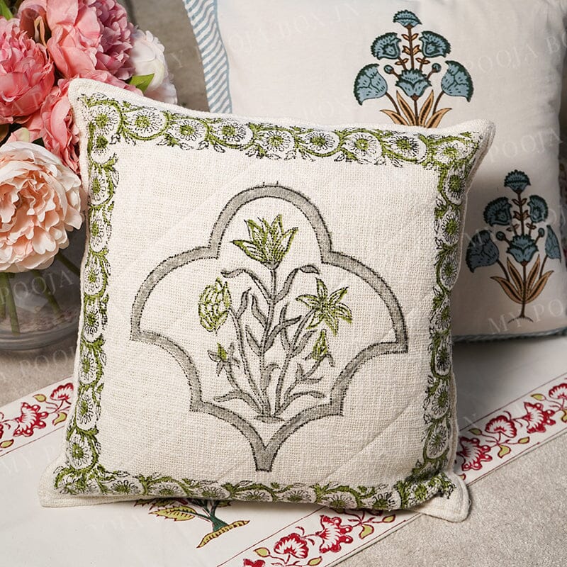Nawabi Floral Block Print Quilted Cushion Cover