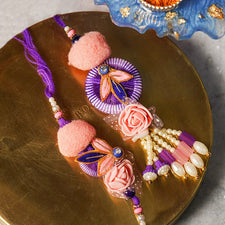 Purple Pink Floral Bhaiya Bhabhi Rakhi Set