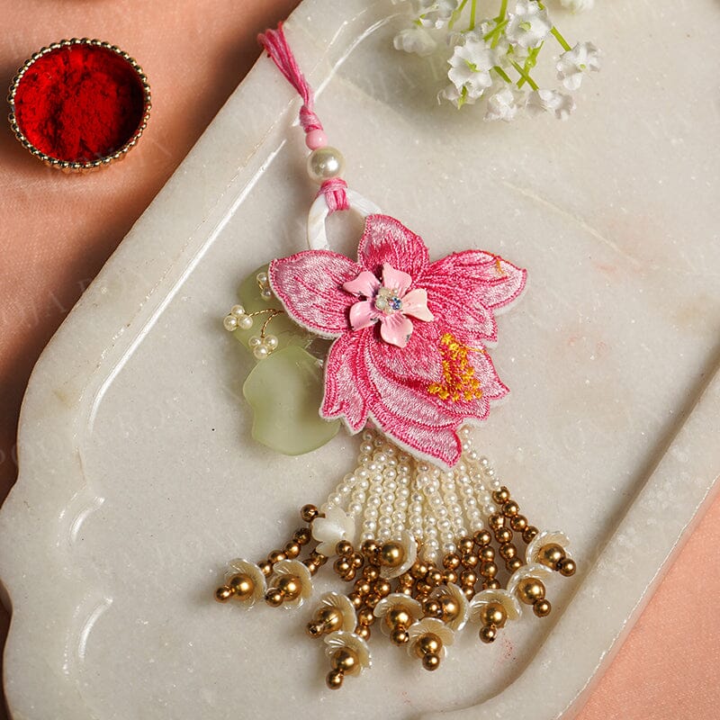 Mahi Rose Gold Plated Lumba Rakhi With Pink & White Crystals For Bhabhi