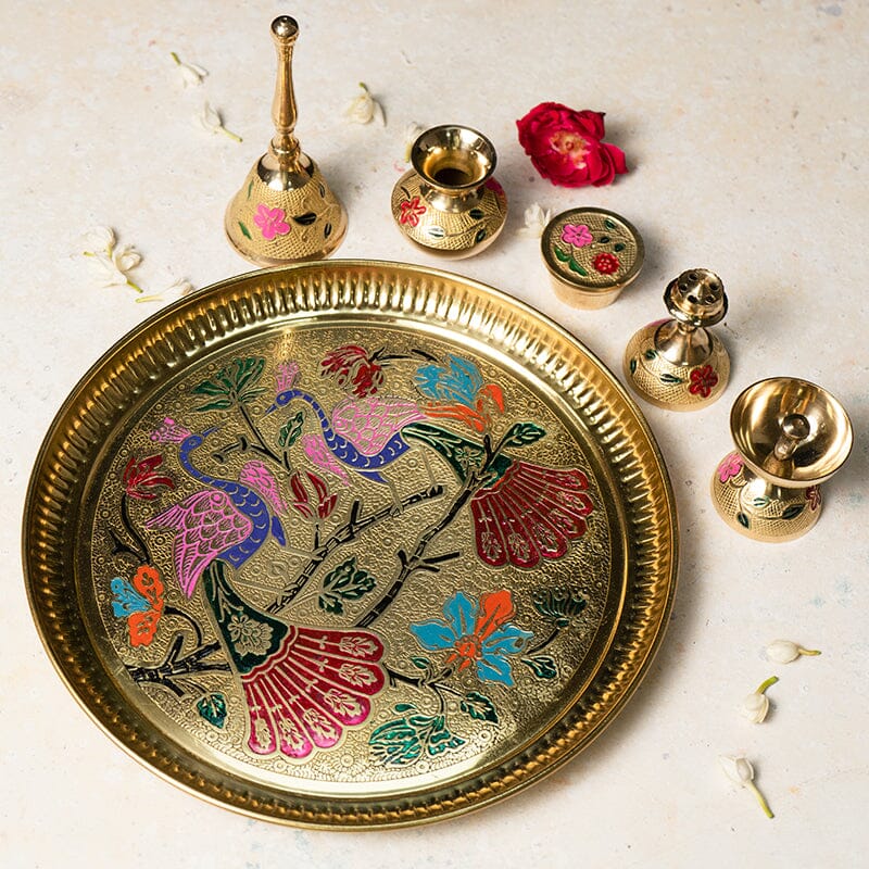 Buy Traditional Minakari Brass Peacock Pooja Thali Set Online in