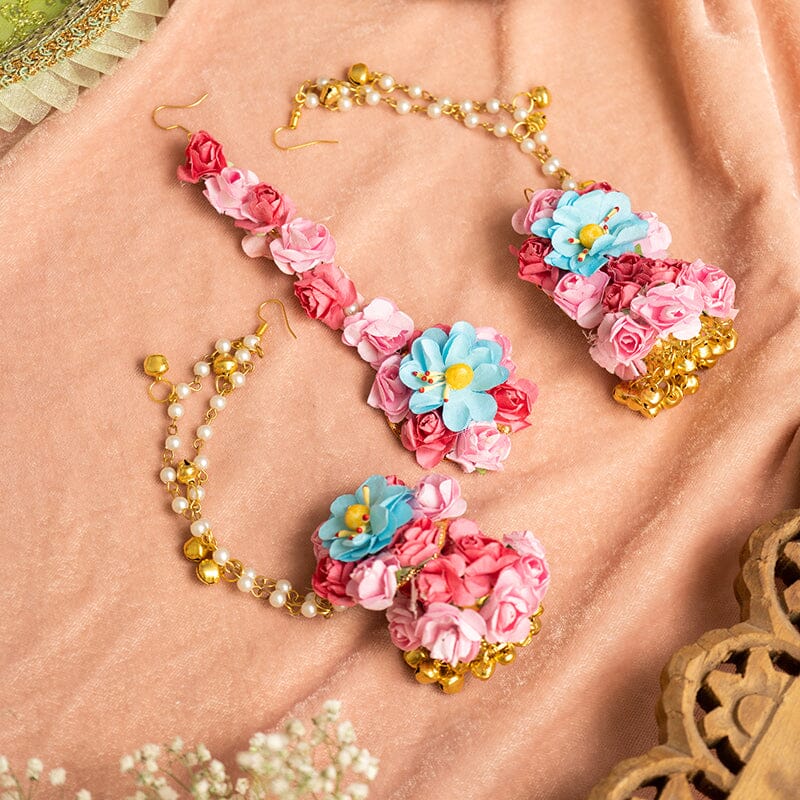 Floral Light Blue Pink Earring Maang Tikka Set - Main Image