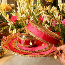 Pink Mirror Gold Coins Karwa Chauth Thali Set