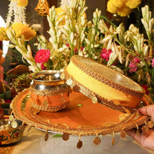Yellow Gold Coins Karwa Chauth Thali Set