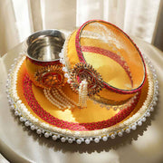 Yellow Red Gota Karwa Chauth Thali Set