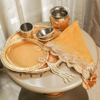 Gold Lace Karwa Chauth Thali Set with Cover