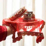 Red Lace Karwa Chauth Thali Set with Cover