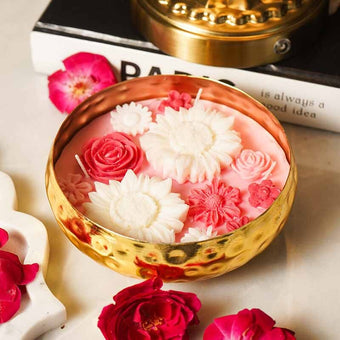 Rose Floral Wax Candle Urli (Gold)