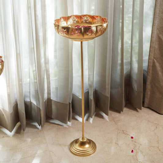 Elegant Gold Lotus Urli with Stand (Tall)