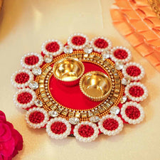 Red White Beaded Roli Akshat Mini Thali