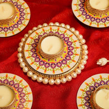 Festive Purple Yellow Decorative Diya Set of 5