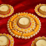 Festive Yellow Red Decorative Diya Set of 5