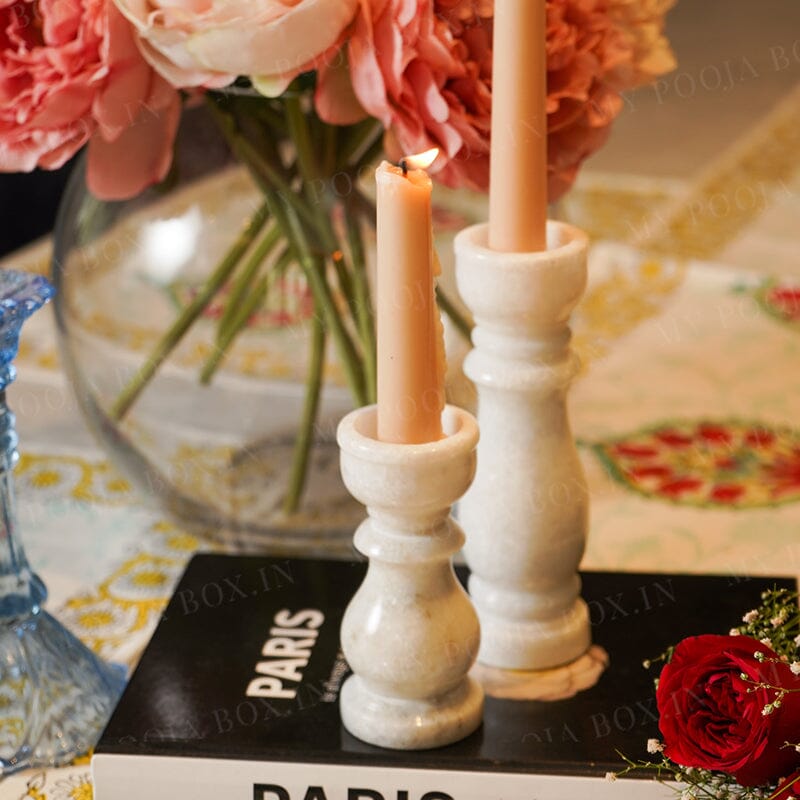 Marble Pillar Candle Holder Set Of 2