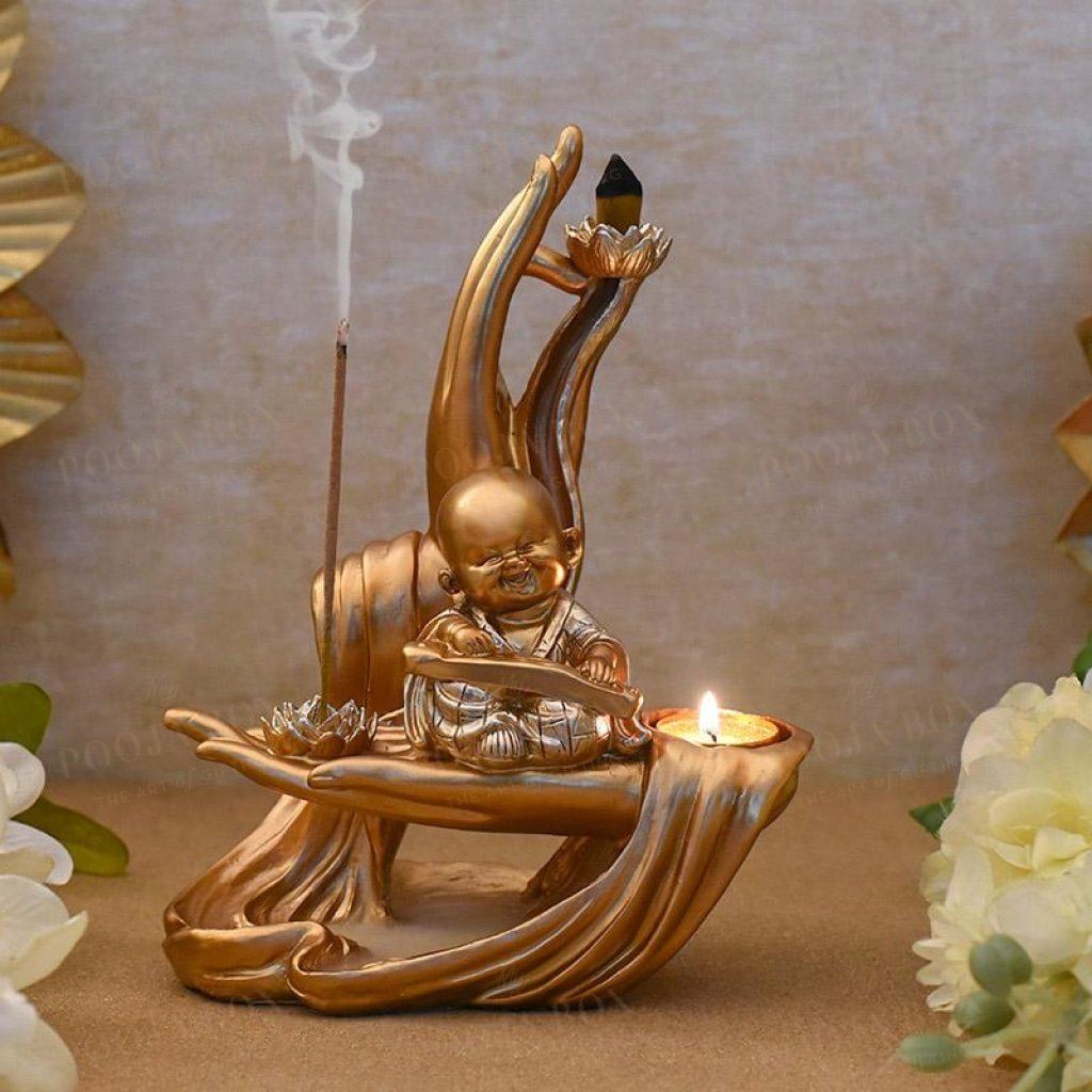 3 In 1 Little Monk Gift Setdhoop T-Light & Incense Stick Holder