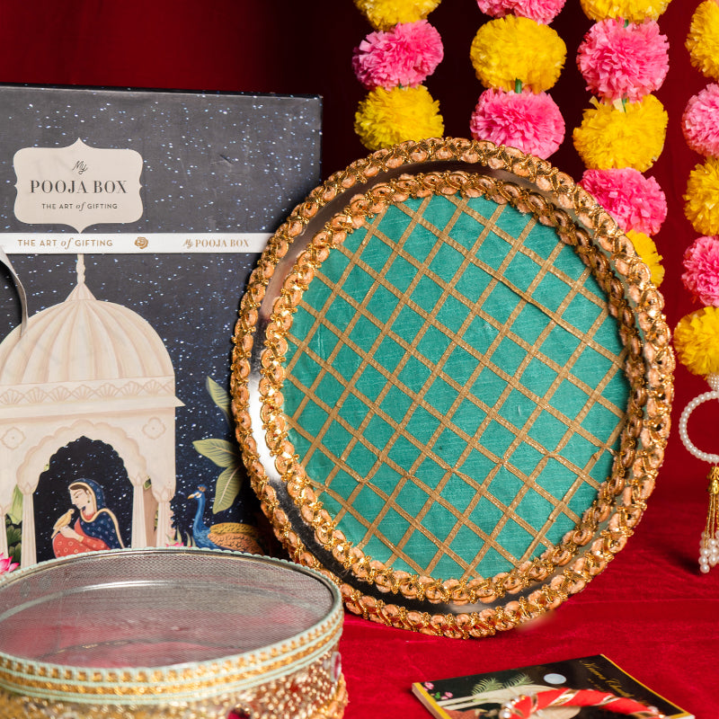 Lush Blue & Gold Karwa Chauth Thali Set