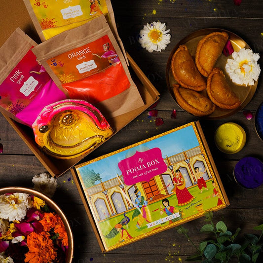 Pink,Yellow & Orange Diyas & Herbal Gulaal Holi Gift Box (300gms)