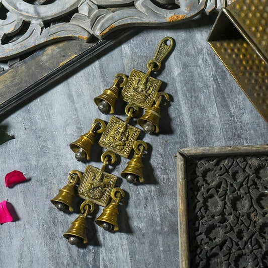 Antique Brass 7 Bells With Laxmi Ganesh Saraswati Figuring