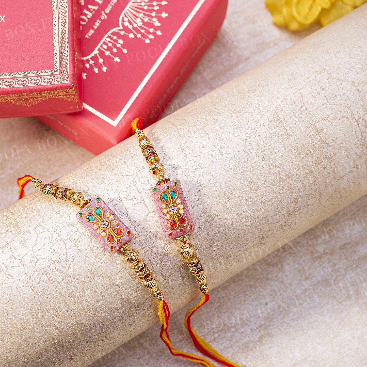 Jeweled Pink Centerpiece Rakhi (Set of 2)