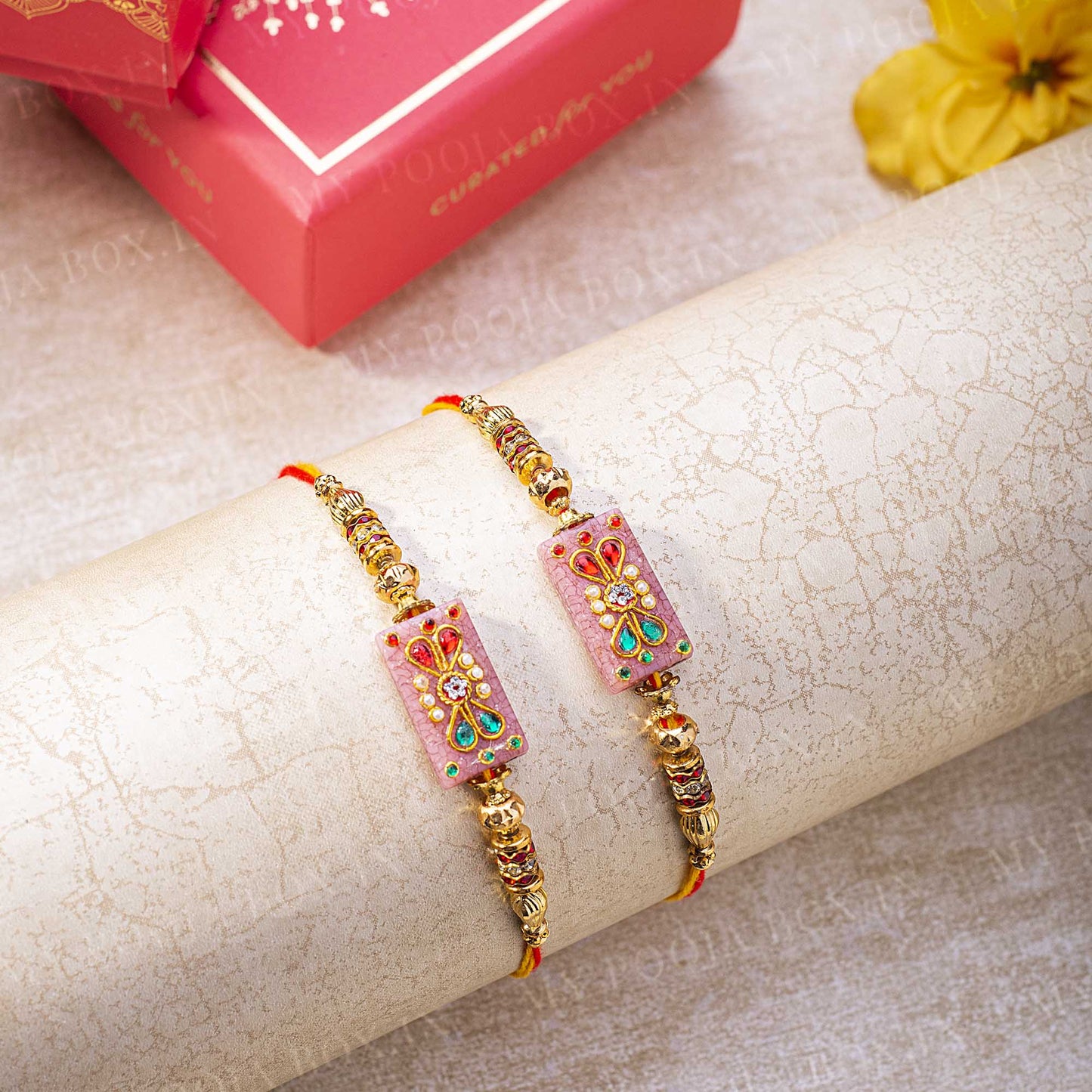 Jeweled Pink Centerpiece Rakhi (Set of 2)