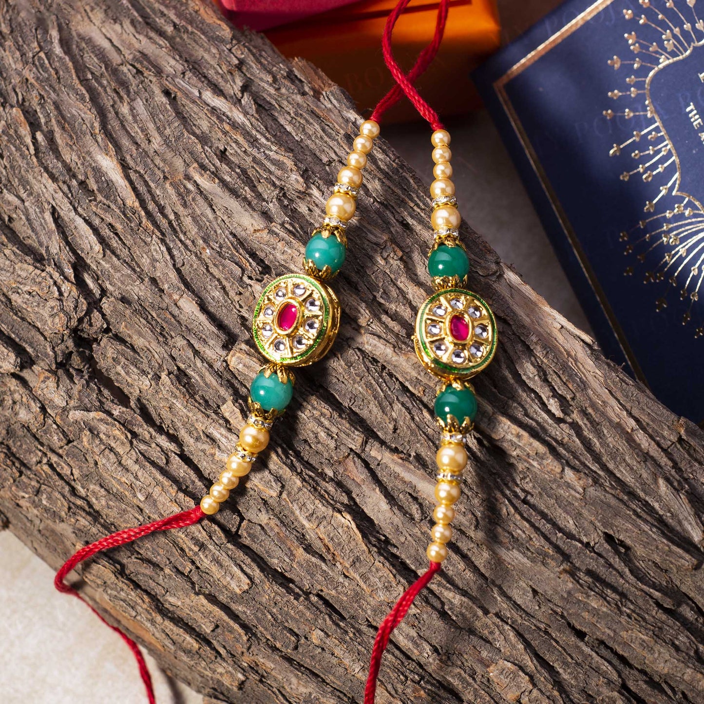 Vibrant Green & Red Jewel Rakhi (Set of 2)