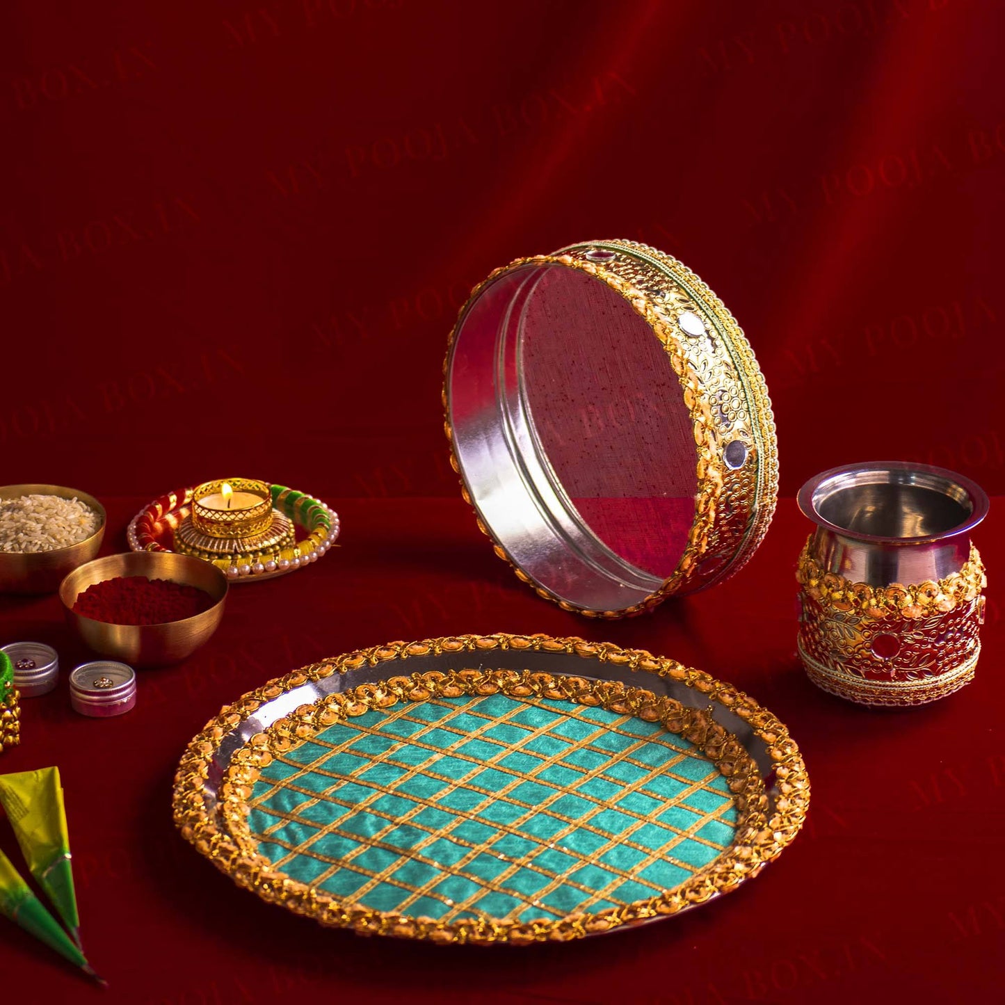 Lush Blue & Gold Karwa Chauth Thali Set