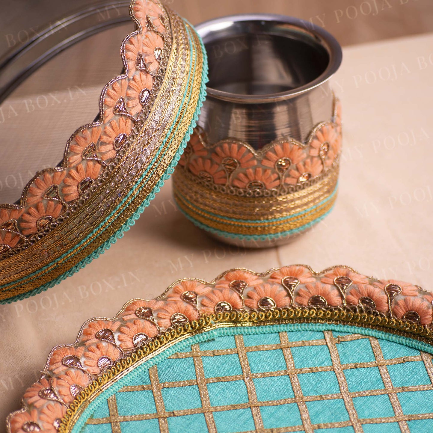 Dazzling Blue & Peach Karwa Chauth Thali Set