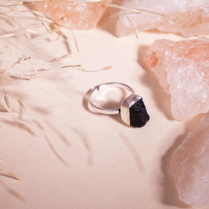 Natural Black Obsidian German Silver Adjustable Ring