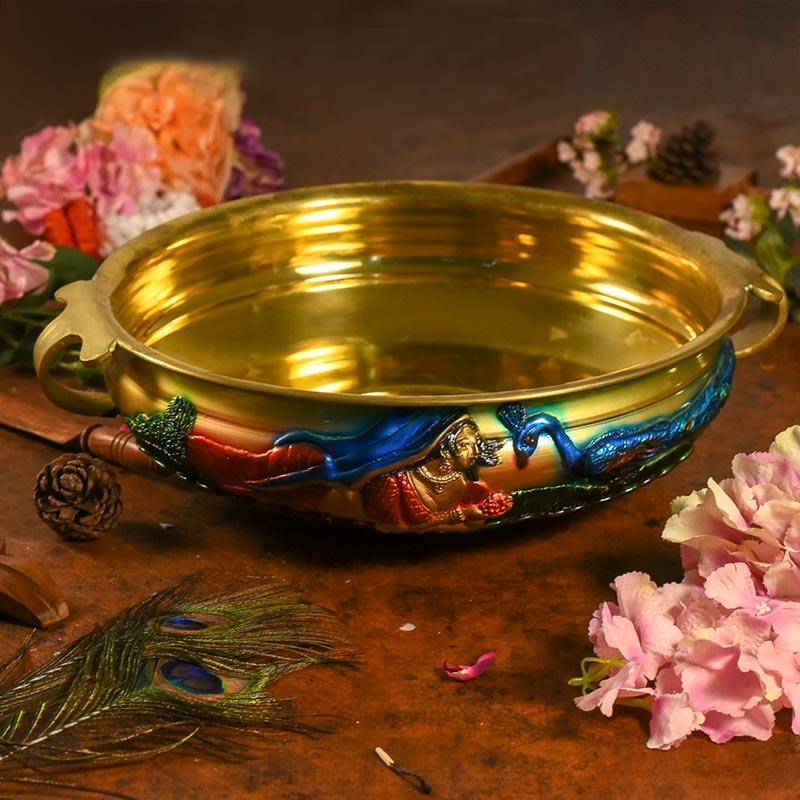 Antique Brass Urli With Peacock Design