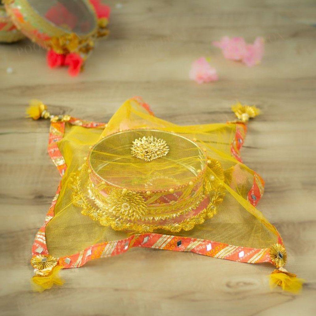 Pastel Yellow Jaipuri Thali Cover Karwa Chauth