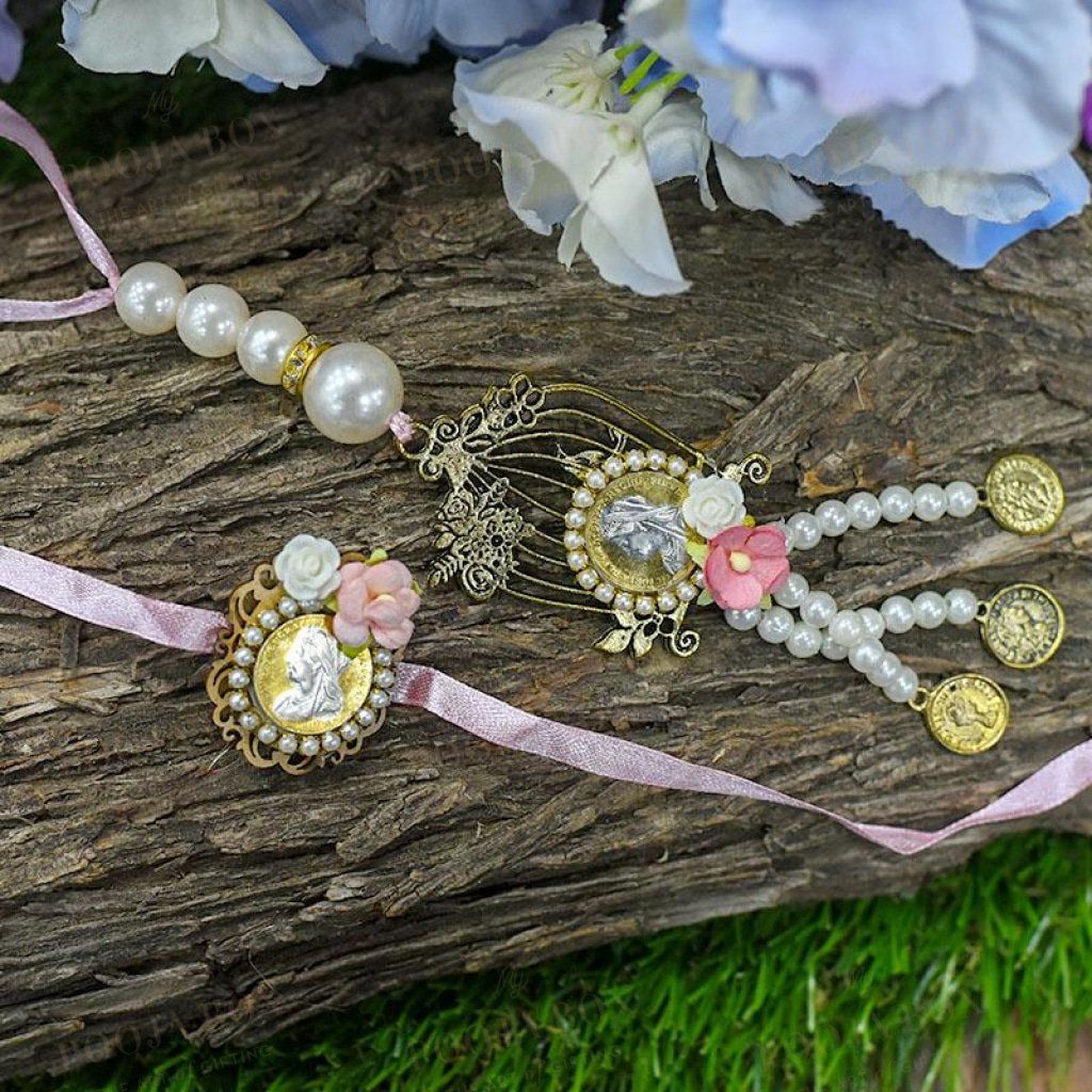 Silver Coin Bejewelled Pink Bhaiya Bhabhi Rakhi Set Of 2