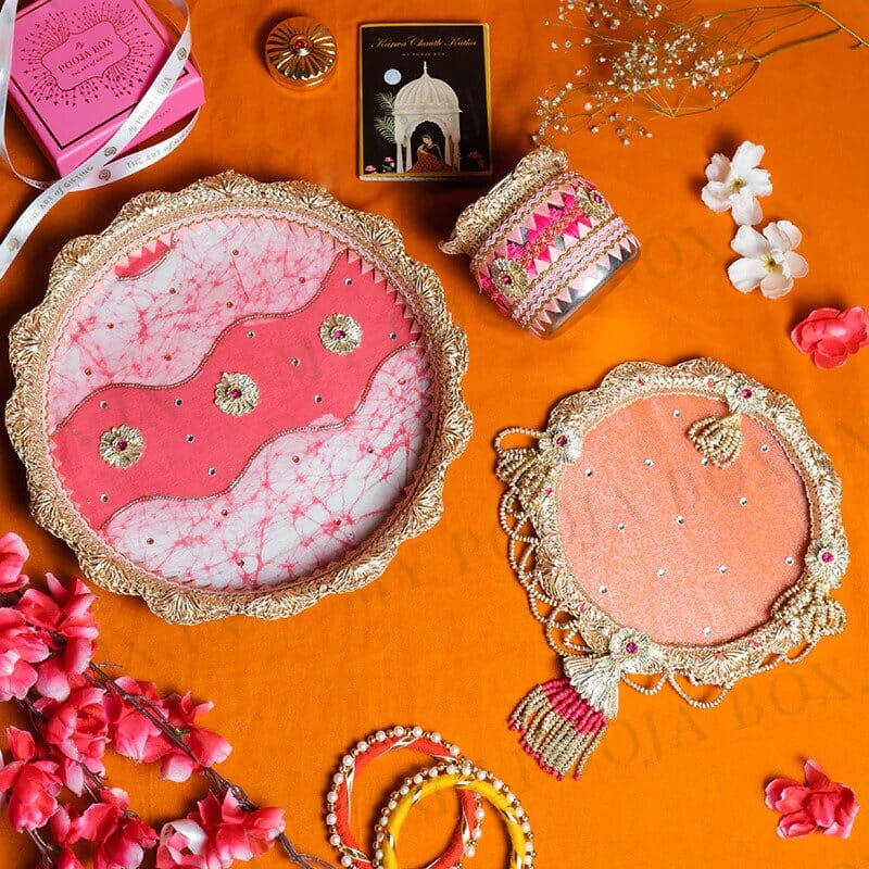 essential items for karwa chauth with pooja thali, karwa and sieve