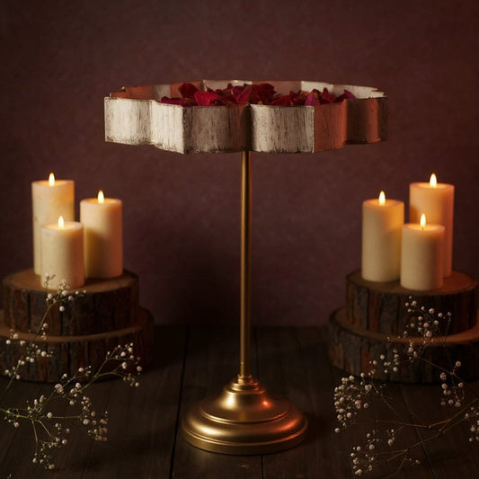 White And Gold Lotus Urli With Stand