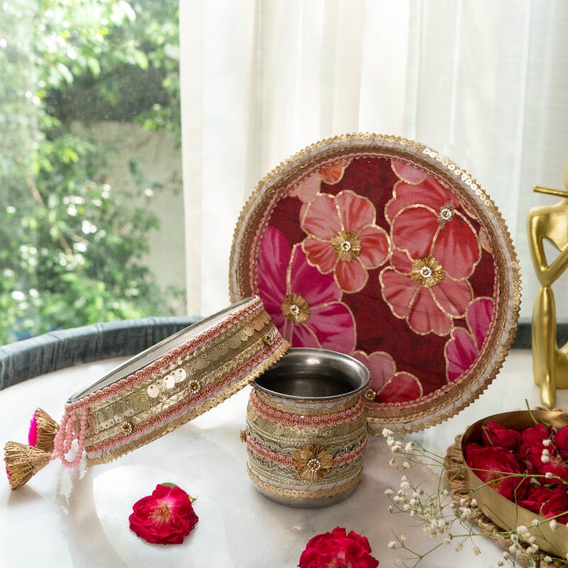 Floral Radiance Pink Karwa Chauth Thali Set