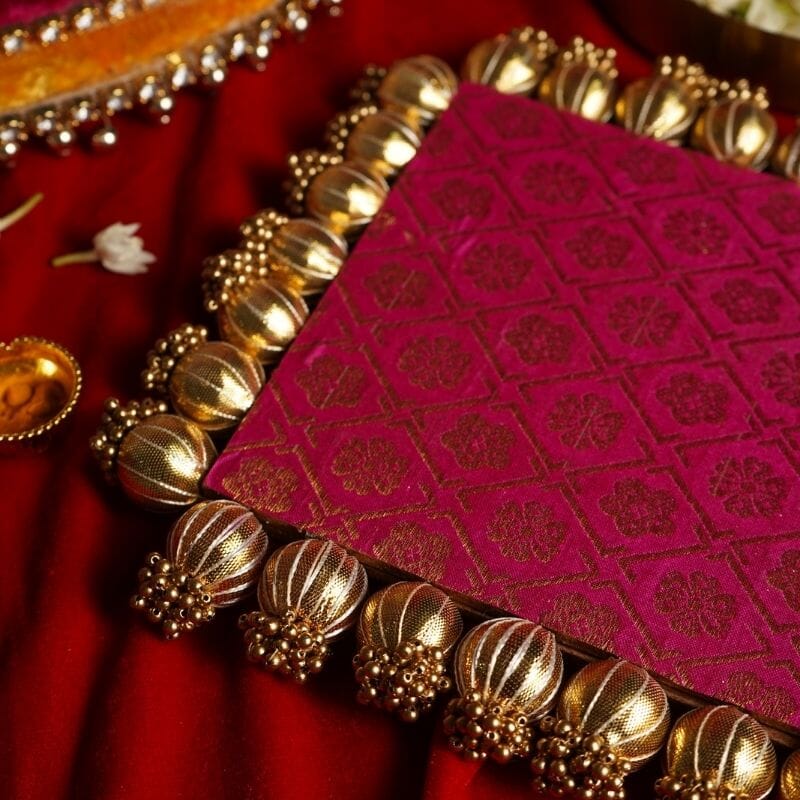Pink & Green Two Sided Aasan Pooja Mat with Bead Work