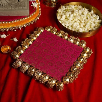 Pink & Green Two Sided Aasan Pooja Mat with Bead Work
