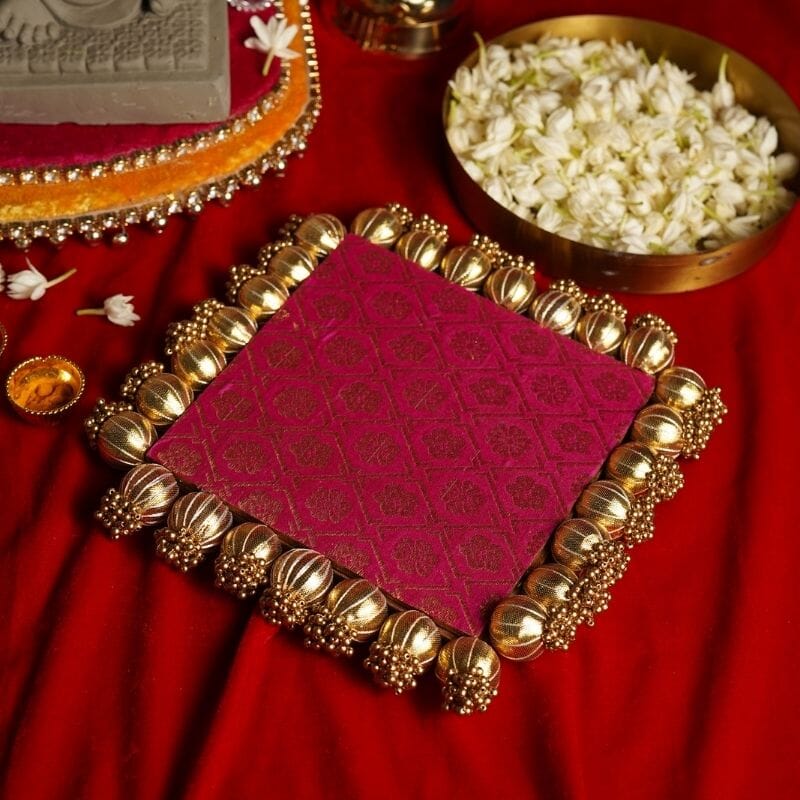 Pink & Green Two Sided Aasan Pooja Mat with Bead Work