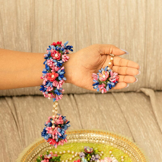 Floral Blue Pink Haath Phool Bracelet & Maang Tikka Set