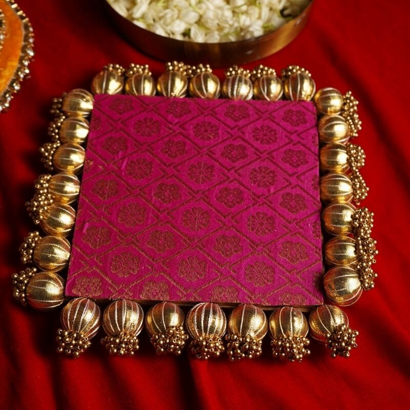 Pink & Green Two Sided Aasan Pooja Mat with Bead Work