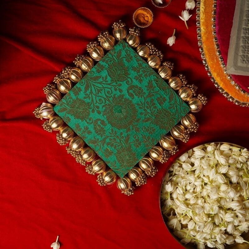 Pink & Green Two Sided Aasan Pooja Mat with Bead Work