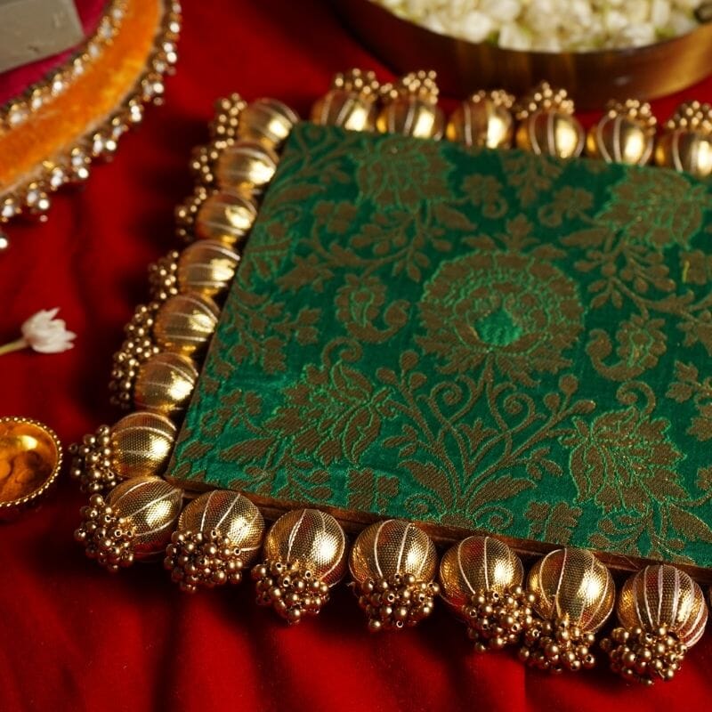 Pink & Green Two Sided Aasan Pooja Mat with Bead Work