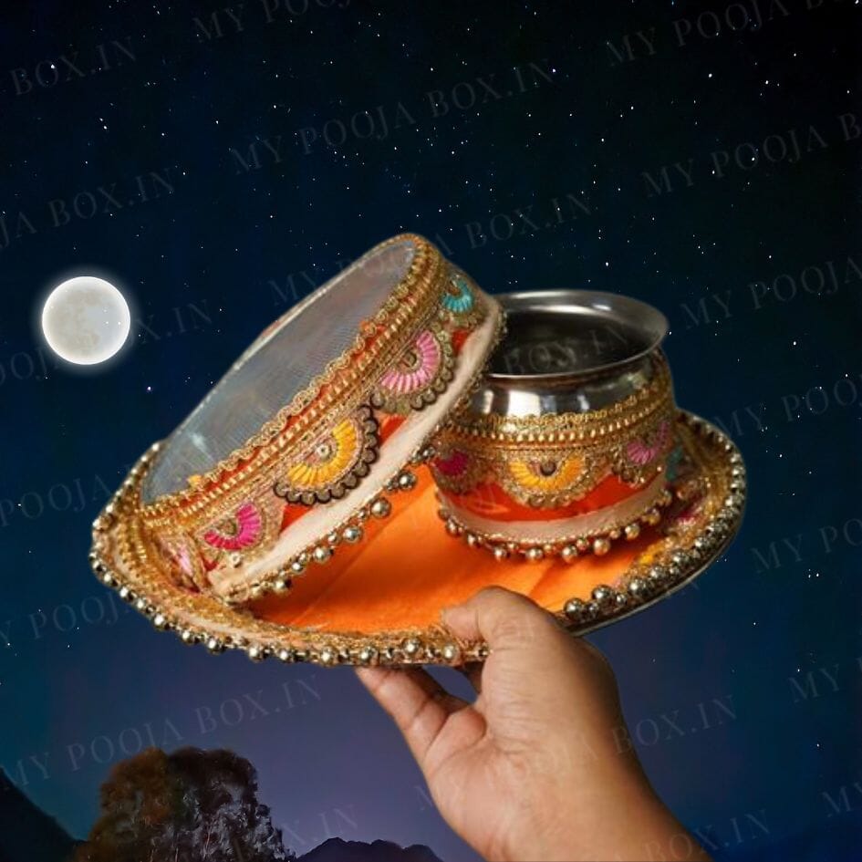 Orange Colorful Gota Karwa Chauth Thali Set