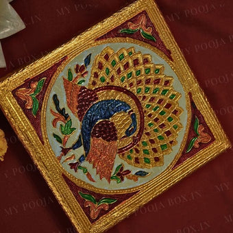 Peacock Golden Design Pooja Chowki