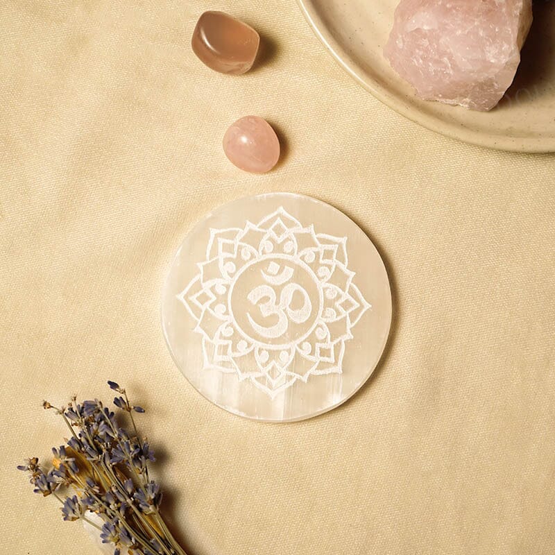 Selenite Round Charging Plate with Om Symbol – Reiki Healing Crystal Aura Chakra