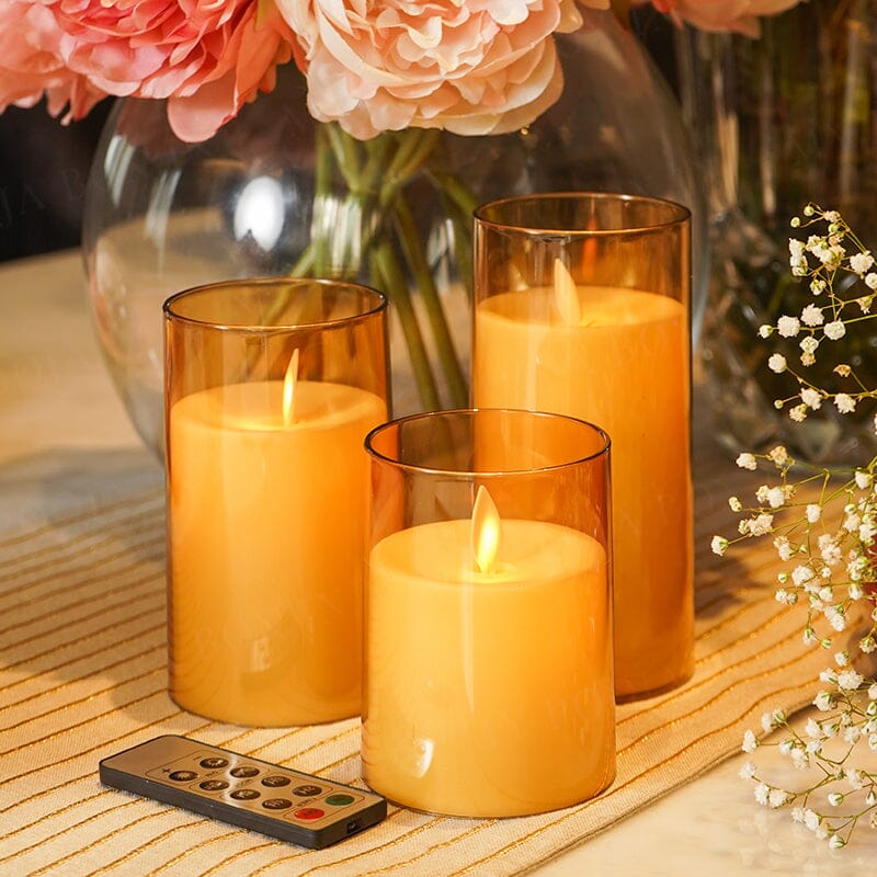 LED Flickering Golden Acrylic Glass Pillar Candles With Remote (Set of 3)
