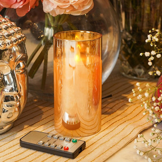 LED Flickering Golden Glass Pillar Candles With Remote (Set of 1)