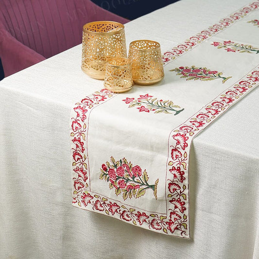 Suhasini Pink Floral Block Print Cotton Table Runner