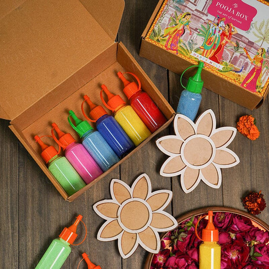 DIY Flower Pattern Rangoli Design Stencil Box With Colors