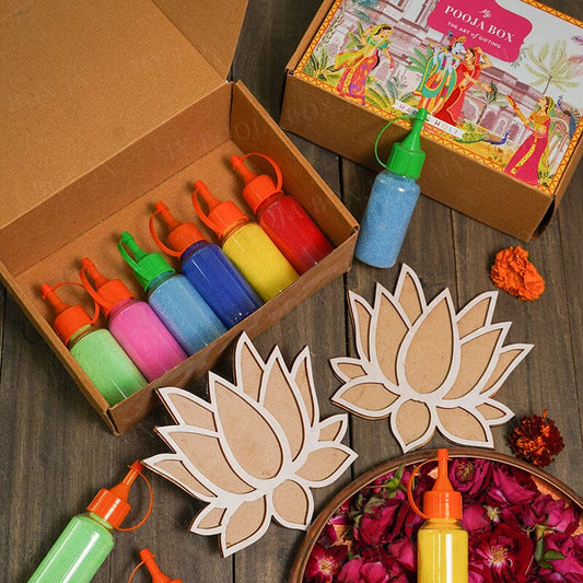 DIY Lotus Pattern Rangoli Design Stencil Box With Colors